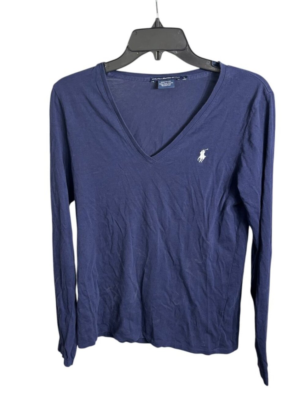 Ralph Lauren Sport V-Neck Long Sleeve Shirt 100% Cotton Navy Blue Size Large